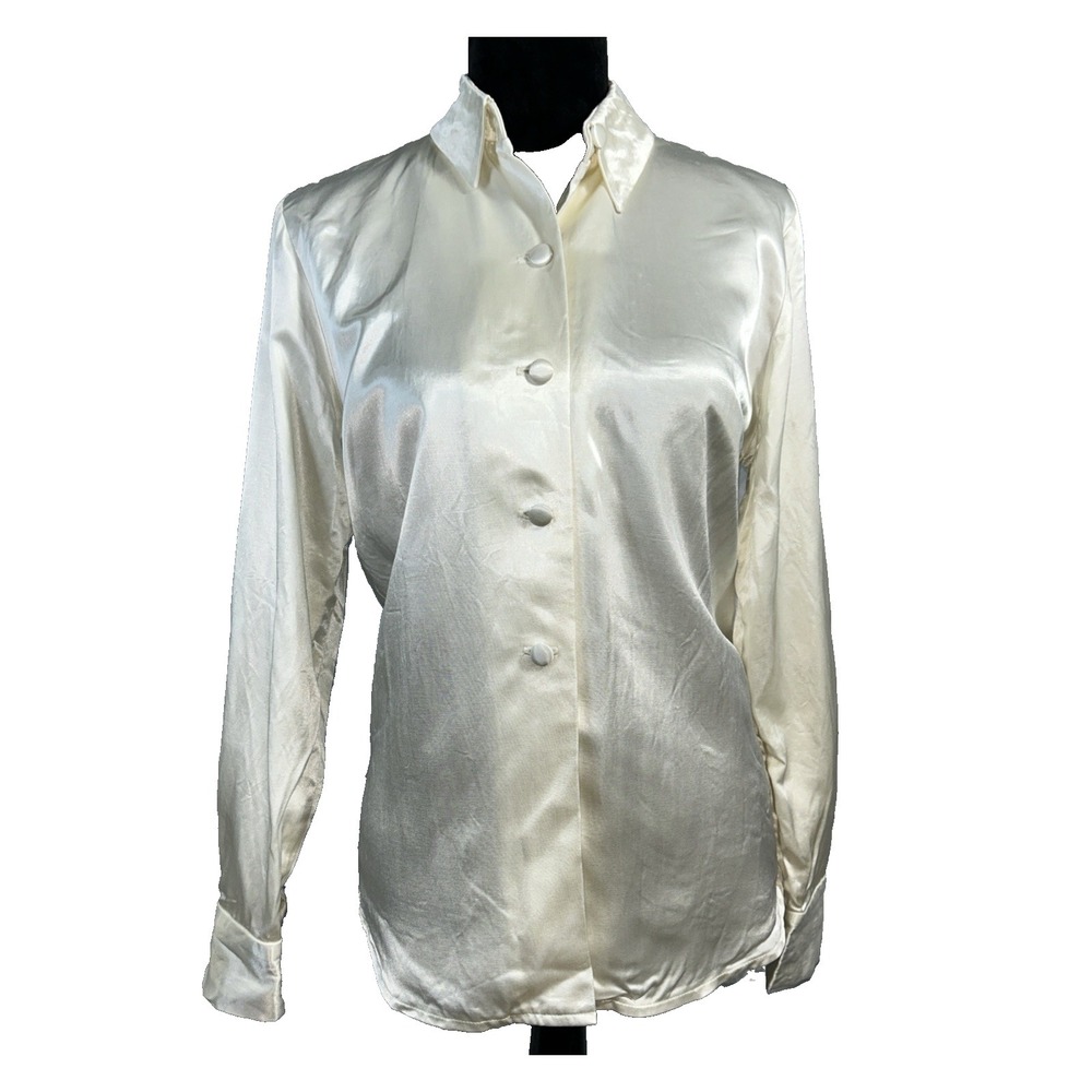 Vtg‎ Sandra Ow Wing NR1 Blouse 8 Ivory Satin Covered Button Collar USA Secretary